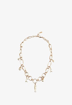 Collana di tonalità oro caratterizzata da anelli ovali e vari charm, tra cui gocce e forme di pesce, con chiusura a moschettone.