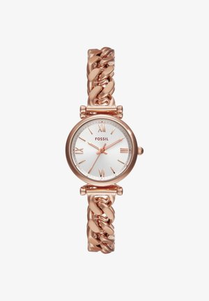 Montre-bracelet Fossil en or rose avec un cadran blanc, des chiffres romains et un bracelet métallique à maillons larges.