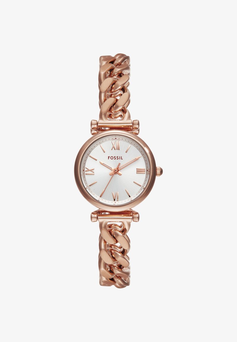 Montre-bracelet Fossil en or rose avec un cadran blanc, des chiffres romains et un bracelet métallique à maillons larges.