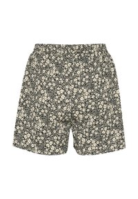 Czarne i kremowe szorty w kwiatowy wzór z elastycznym pasem, o luźnym kroju i miękkim, teksturowanym materiale.