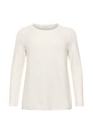 Haut à manches longues blanc avec un col rond, fabriqué à partir d'un tissu texturé présentant des rayures horizontales subtiles. Design uni, sans accents visibles.