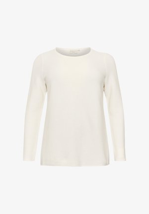 Hvid langærmet top med rund halsudskæring, lavet af tekstureret stof med subtile vandrette striber. Ensfarvet design, ingen synlige særlige detaljer.