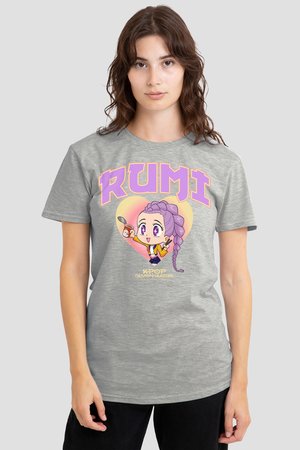 Young woman wearing a grey t-shirt with purple text "RUMI" and a cartoon character holding a drink and chopsticks.