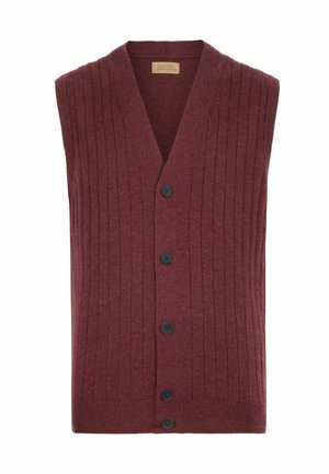 Burgundowa, prążkowana, bezrękawnikowa kardiganka z pięcioma czarnymi guzikami i dekoltem w kształcie litery V, wykonana w 100% z czystej wełny kaszmirowej.
