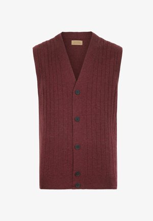 Burgundowa, prążkowana, bezrękawnikowa kardiganka z pięcioma czarnymi guzikami i dekoltem w kształcie litery V, wykonana w 100% z czystej wełny kaszmirowej.