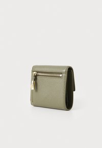 Green textured leather wallet with a fold design, featuring a gold zipper and hardware detail on the front. Compact and sleek shape.