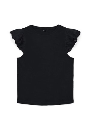 Top senza maniche nero con scollatura rotonda, caratterizzato da dettagli in pizzo sulle spalle arricciate e un tessuto morbido e elastico. Orlo piatto nella parte inferiore.