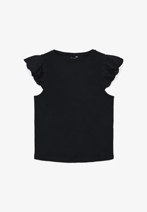 Top senza maniche nero con scollatura rotonda, caratterizzato da dettagli in pizzo sulle spalle arricciate e un tessuto morbido e elastico. Orlo piatto nella parte inferiore.