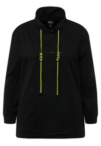 Sudadera negra con cuello tipo cowl, con cordones de neón amarillo y la palabra 'GLOW' en un acabado brillante en la parte frontal. Tela suave y corte relajado.