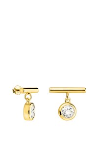 Orecchini d'oro con un design pendente rotondo e un accento in cristallo trasparente. Comprendono una barra dritta per una chiusura sicura.