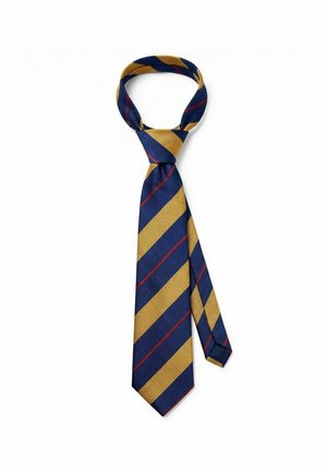 Navyblå og sennepsgul striped slips med tynde røde diagonale linjer, bundet i en knude på en hvid baggrund.