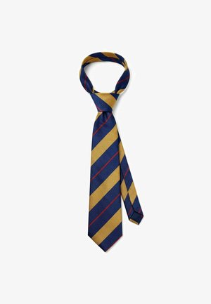 Navyblå og sennepsgul striped slips med tynde røde diagonale linjer, bundet i en knude på en hvid baggrund.