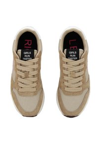 Beige sneakers with suede and textile upper, white midsole, and rubber outsole. Black and pink tags read "GIRLS RUN FASTER."