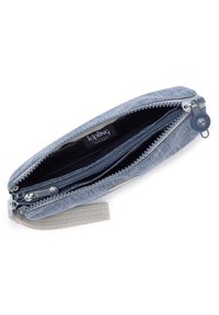 Cartera de tela azul con cierre de cremallera, que presenta múltiples compartimentos y una correa gris. El interior tiene un forro oscuro y una etiqueta de la marca.