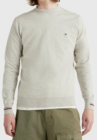 Suéter gris claro con mangas largas, cuello redondo, puños y dobladillo acanalados, que presenta un pequeño logo en el pecho. Textura suave.