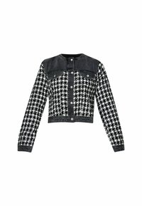 Rövid fazonú dzseki fekete farmer felsőrésszel és fekete-fehér houndstooth mintával. Kattintós gombokkal és két elülső zsebbel rendelkezik.