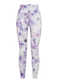 Blomsterleggings med hög midja, med ett akvarellmönster i lila och vitt. Mjuk tyg med elastisk textur.