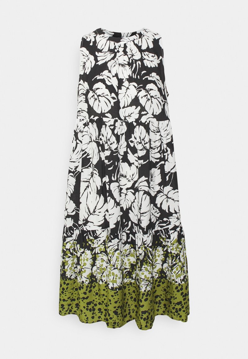 Abito floreale con un motivo di foglie in bianco e nero, un corpino testurizzato e un orlo con stampa animale verde, dalla silhouette rilassata e senza maniche.