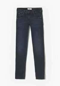 Jean skinny bleu foncé avec une texture lisse, design à cinq poches et légères accents décolorés le long de la cuisse. En mélange de coton.