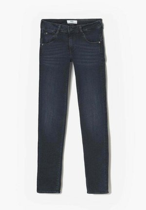 Donkerblauwe skinny jeans met een gladde textuur, vijf-pocket ontwerp en subtiele vervagingen langs het dijgebied. Van een katoenmix.