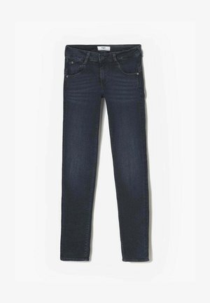 Dunkelblaue Skinny Jeans mit glatter Textur, Fünf-Taschen-Design und dezenten Ausbleichungen im Oberschenkelbereich. Material aus Baumwollmischung.