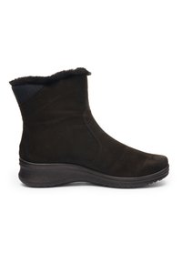 Black suede ankle boot with faux fur lining, side stitching details, and a textured black rubber sole for winter wear.