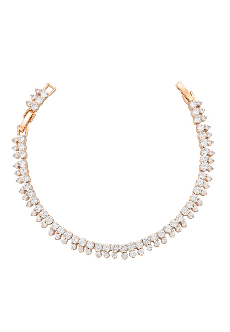 Collana in oro rosa caratterizzata da una serie di piccoli gemme trasparenti rotonde in un design scallop, fissata con una chiusura a gancio.