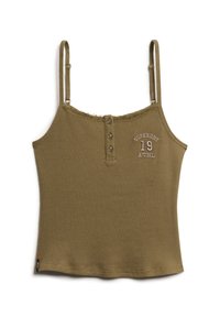 Oliwkowy, prążkowany top na ramiączkach z regulowanymi paskami i koronkowym wykończeniem. Posiada trzy guziki oraz haft "SUPERDRY ATHL" z przodu.