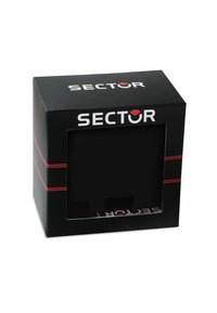 Scatola di cartone nera con un pannello frontale trasparente, accenti rossi e il logo "SECTOR" in bianco. Presenta una forma rettangolare.