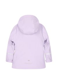 Šviesiai levandų lietpaltis su kapišonu, elastingomis rankovėmis, atspindinčiomis juostomis ir logotipo detale apačioje. Lygi, neperšlampama medžiaga.