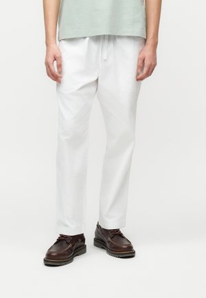 Asmuo dėvi baltas kelnaites su raišteliais, rudus odinius batelius su raišteliais ir šviesiai žalią marškinius ant paprasto balto fono.