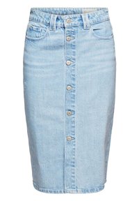 Vaaleansininen farkkuhame, jossa on tiukka siluetti, napitettava etuosa, viisi taskua ja vähäistä kulutusta kankaassa.