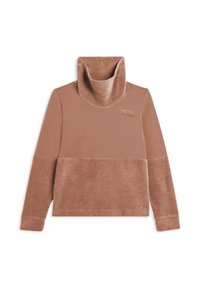 Pullover in pile marrone con colletto alto e piegato e un pannello inferiore testurizzato. Presenta un marchio sottile in oro nella zona del petto.