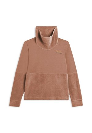 Pullover in pile marrone con colletto alto e piegato e un pannello inferiore testurizzato. Presenta un marchio sottile in oro nella zona del petto.