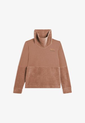 Pull en polaire marron avec un col haut replié et un panneau inférieur texturé. Doté d'un logo subtil en doré au niveau de la poitrine.