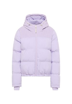 Lavender puffer jacket with a corduroy yoke, zip closure, adjustable hood, and ribbed cuffs; features horizontal quilted pattern.