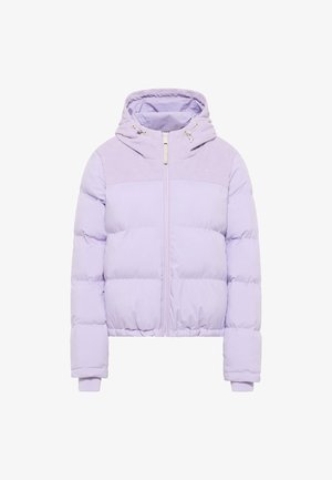 Lavender puffer jacket with a corduroy yoke, zip closure, adjustable hood, and ribbed cuffs; features horizontal quilted pattern.