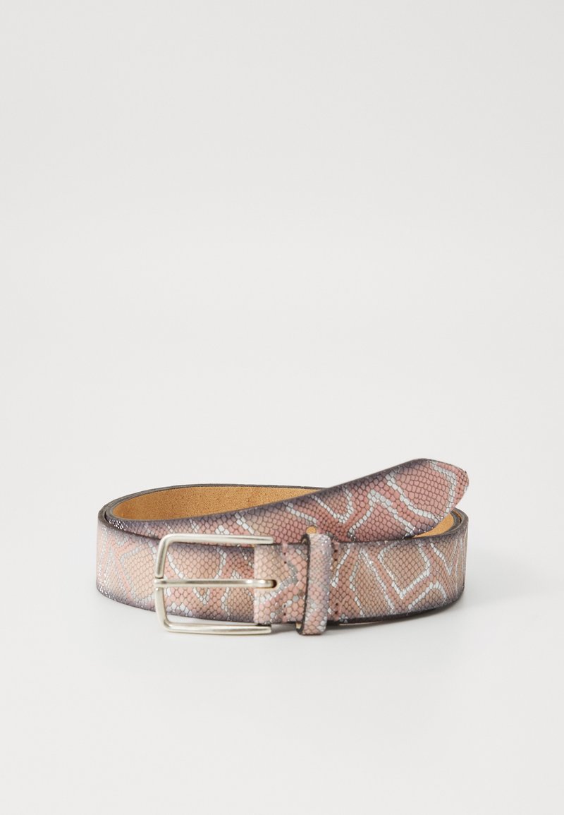 Leather belt featuring a pink and gray geometric print with a silver-tone metal buckle. Smooth texture with a tan inner lining.