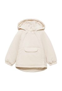 Vadderad beige jacka med huva, med en framficka, elastiska ärmmuddar och en slät yta. Enkel design med minimala detaljer.