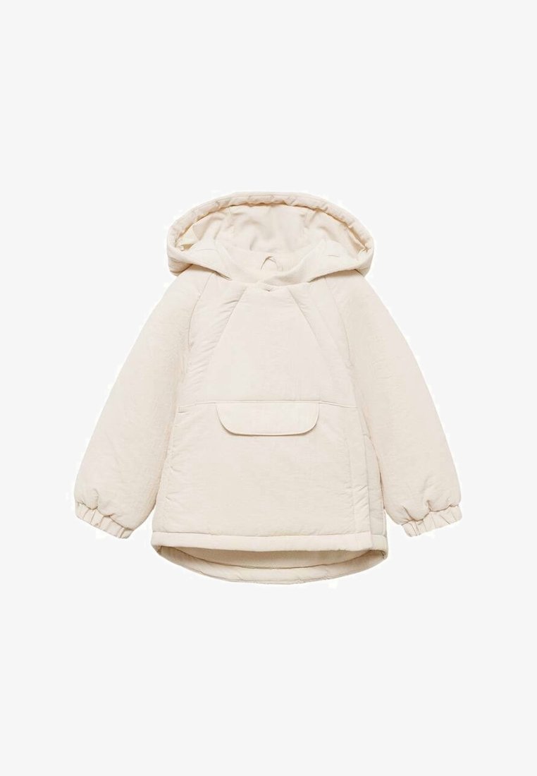 Beige pehmustettu takki hupulla, jossa on etutasku, joustavat hihansuut ja sileä pinta. Yksinkertainen muotoilu vähillä yksityiskohdilla.