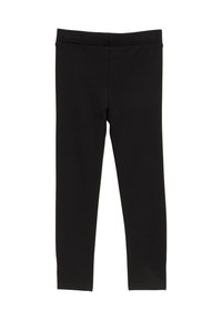 Schwarze Leggings aus dehnbaren Stoff mit glatter Textur. Sie verfügen über einen hohen Bund und ein enges Design, ohne sichtbare Muster oder Akzente.