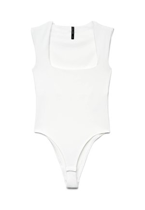 Body blanc sans manches avec encolure carrée et ouvertures hautes au niveau des jambes, fabriqué en tissu lisse.