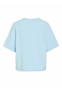 Pull bleu clair à manches courtes avec un col rond et une coupe ample et carrée, montré de dos sur un fond blanc.