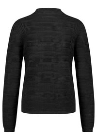 Schwarzer Pullover mit langen Ärmeln, strukturiertem wellenförmigem Muster, gerippten Bündchen und Halsausschnitt, mit abgerundetem Saum für eine figurbetonte Silhouette.
