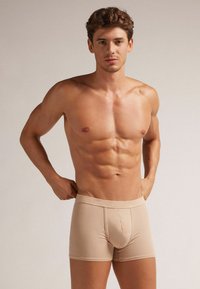 Beige boxer briefs with a soft, stretchy fabric. Features a snug waistband and a front pouch for support. Model is posing with hands at waist.