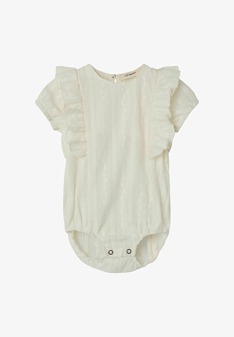 Kremfarget baby bodysuit med volang på korte ermer, teksturert stoff og trykknapper i bunnen, med horisontale stripe mønstre.