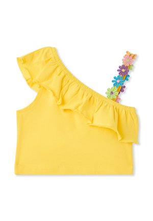 Top giallo con spalla scoperta e scollo arricciato. Decorato con ricami floreali multicolori sulla spallina. Realizzato in morbido cotone.