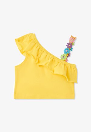 Top giallo con spalla scoperta e scollo arricciato. Decorato con ricami floreali multicolori sulla spallina. Realizzato in morbido cotone.