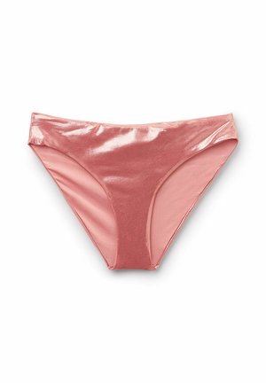 Różowy dół bikini wykonany z miękkiego, błyszczącego materiału o gładkiej strukturze. Posiada klasyczny krój z szerokim pasem w talii i subtelnym połyskiem.