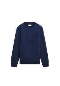 Sweat-shirt bleu marine en tissu doux avec un logo "SCALPERS" texturé et un motif tête de mort et os croisés sur le devant, avec des poignets côtelés.